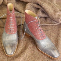 Handmade men Grey leather boots, Red tweed fabric boots for men, men formal dress boots - Thumbnail 4