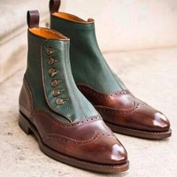 Handmade Men,s Two Tone Brown Green Leather Boot, Men Ankle High Button Formal Boot - Thumbnail 4