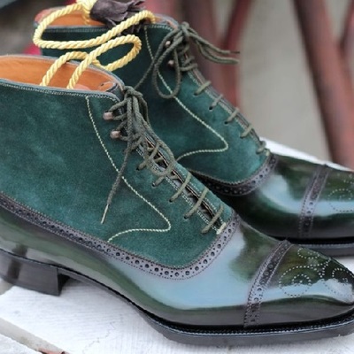 Handmade men's green ankle wing tip lace up leather suede cap toe handmade boots - Thumbnail 2