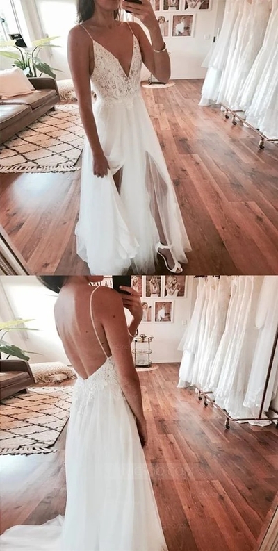 Spaghetti Strap V Neck Open Back Side Split Long Tulle Wedding Dresses Bride Gowns
