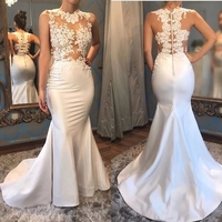 Elegant White Satin Mermaid Wedding Dresses Lace Appliques - Thumbnail 1