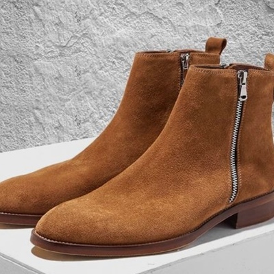 New handmade brown suede zip fastening ankle high fashion formal boot