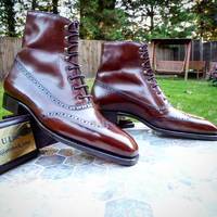 Men,s Burgundy Wing Tip Leather Ankle Boots. Men Dress Formal Fashion Boots - Thumbnail 1
