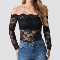 Shoulder Lace Sexy Long Sleeved Shirt - Thumbnail 1