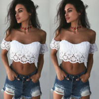White Off Shoulder Lace Crop Top Blouse - Thumbnail 1