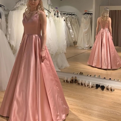 Princess v neck satin long pink prom dresses with cross back, v neck pink formal graduation evening dresses - Thumbnail 5