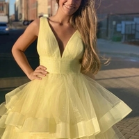 Shiny V Neck Sequins Yellow Long Prom Dresses, Fluffy Yellow Formal Evening Dresses, Sparkly Ball Gown - Thumbnail 1