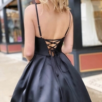 A Line V Neck Backless Black Long Prom Dresses with Beadings, Backless Black Formal Dresses, Black Evening Dresses - Thumbnail 1