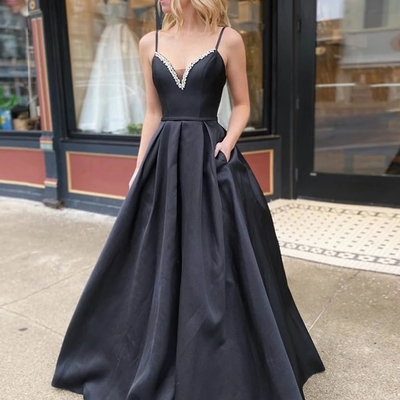 A line v neck backless black long prom dresses with beadings, backless black formal dresses, black evening dresses - Thumbnail 4