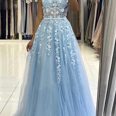 Long light blue lace floral prom dresses with straps, light blue lace formal graduation evening dresses - Thumbnail 4