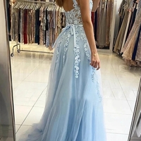 Long Light Blue Lace Floral Prom Dresses with Straps, Light Blue Lace Formal Graduation Evening Dresses - Thumbnail 1
