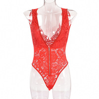 Women Sexy Lace Zipper V Neck Strap Bodysuit - Thumbnail 3