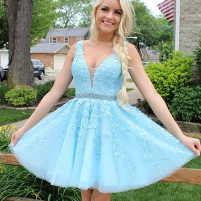 Charming a-line v neck open back light blue lace short homecoming dresses,red prom dresses short,back to school dresses,junior dresses - Thumbnail 1