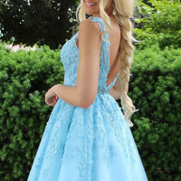 Charming A-Line V Neck Open Back Light Blue Lace Short Homecoming Dresses,Red Prom Dresses Short,Back to School Dresses,Junior Dresses - Thumbnail 1