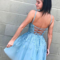 Cute A-Line Short Homecoming Dresses,Light Blue Homecoming Dresses,Lace Hoco Dresses,Cross Back Short Prom Dresses,Cocktail Party Dresses - Thumbnail 1