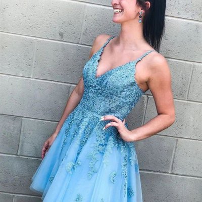 Cute a-line short homecoming dresses,light blue homecoming dresses,lace hoco dresses,cross back short prom dresses,cocktail party dresses - Thumbnail 5