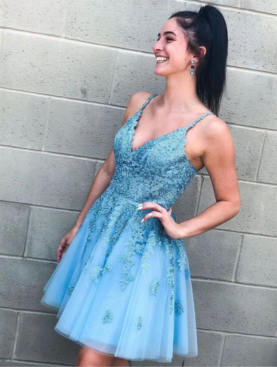 Cute A-Line Short Homecoming Dresses,Light Blue Homecoming Dresses,Lace Hoco Dresses,Cross Back Short Prom Dresses,Cocktail Party Dresses