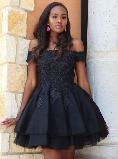 Unique A-Line Off the Shoulder Short Homecoming Dresses,Black Lace Hoco Dresses,Short Prom Dresses,Little Black Dresses,Classic Short Dresses