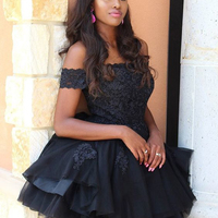 Unique A-Line Off the Shoulder Short Homecoming Dresses,Black Lace Hoco Dresses,Short Prom Dresses,Little Black Dresses,Classic Short Dresses - Thumbnail 3