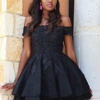 Unique A-Line Off the Shoulder Short Homecoming Dresses,Black Lace Hoco Dresses,Short Prom Dresses,Little Black Dresses,Classic Short Dresses - Thumbnail 2