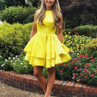 Cute A Line Round Neck Yellow Satin Short Homecoming Dresses - Thumbnail 1