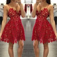 Cute A Line V Neck Spaghetti Straps White Lace Short Homecoming Dresses - Thumbnail 1