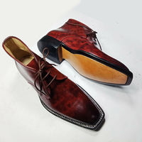 Men,s Burgundy Hand Panted Leather Ankle Boots. Men Dress Formal Fashion Boot - Thumbnail 2