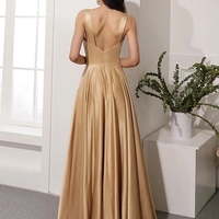 Elegant V Neck Open Back Golden Long Prom Dresses with Leg Slit, V Neck Golden Formal Graduation Evening Dresses, Golden Party Dresses - Thumbnail 1