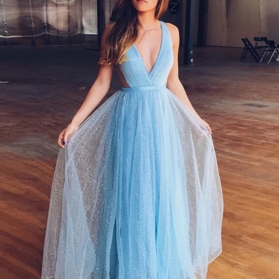 Shiny v neck open back sequins light blue long prom dresses, open back light blue formal dresses, sparkly light blue evening dresses - Thumbnail 5