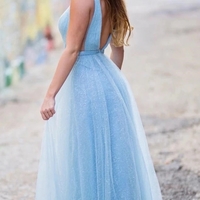 Shiny V Neck Open Back Sequins Light Blue Long Prom Dresses, Open Back Light Blue Formal Dresses, Sparkly Light Blue Evening Dresses - Thumbnail 2