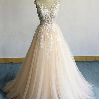 Round neck champagne lace long prom dresses, champagne lace formal dresses, champagne evening dresses - Thumbnail 4