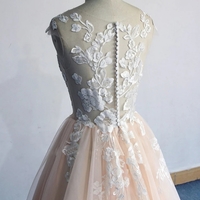 Round Neck Champagne Lace Long Prom Dresses, Champagne Lace Formal Dresses, Champagne Evening Dresses - Thumbnail 1