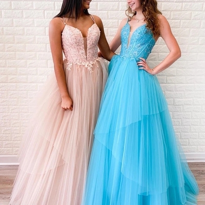 V neck backless pink/light blue lace long prom dresses, open back pink/light blue lace formal dresses, pink/light blue lace evening dresses - Thumbnail 5