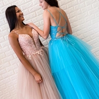 V Neck Backless Pink/Light Blue Lace Long Prom Dresses, Open Back Pink/Light Blue Lace Formal Dresses, Pink/Light Blue Lace Evening Dresses - Thumbnail 1