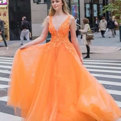 Orange v neck tulle lace appliques long prom dresses, v neck lace orange formal dresses, orange lace evening dresses