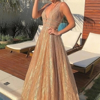 Shiny V Neck Long Champagne Prom Dresses, Sparkly V Neck Champagne Formal Graduation Evening Dresses - Thumbnail 2