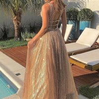 Shiny V Neck Long Champagne Prom Dresses, Sparkly V Neck Champagne Formal Graduation Evening Dresses - Thumbnail 3