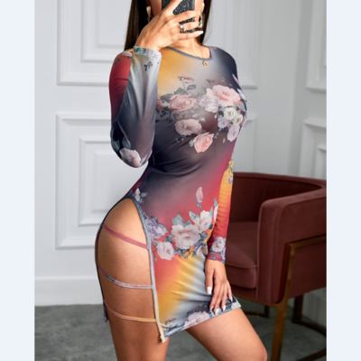 Women's round neck long sleeve sexy printed slim dress - Thumbnail 2