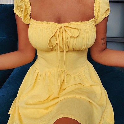 Retro short sleeve puff sleeve shoulder dress - Thumbnail 2