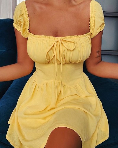 Retro Short Sleeve Puff Sleeve Shoulder Dress