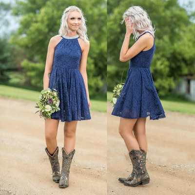 Country high neck short lace bridesmaid dresses  - Thumbnail 5