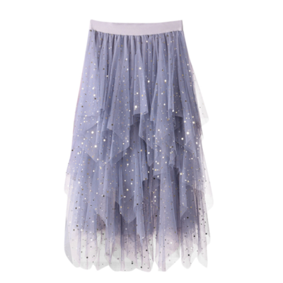 High waist pleated lace mesh glitter long skirt 