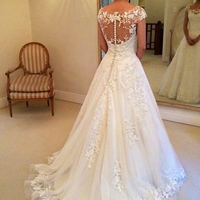 Elegant A Line Scoop Neck Lace Wedding Dresses with Button - Thumbnail 1