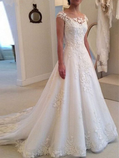 Elegant A Line Scoop Neck Lace Wedding Dresses with Button