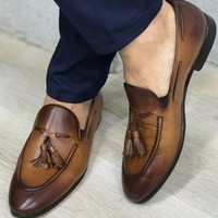Men Two Tone Calf Leather Tassels Loafer Slip on Formal Shoes - Thumbnail 1