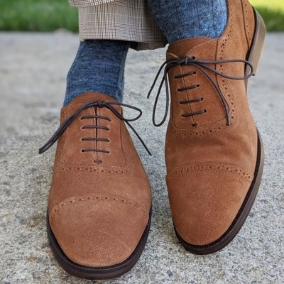 New handmade brown captoe suede lace up formal shoes