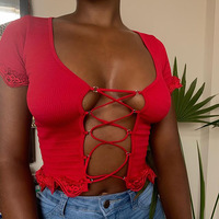 Solid Color Sexy Chest Wrapped Slim T-Shirt - Thumbnail 1