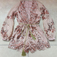 Design Sequin Deep V-Neck Romper Jumpsuit - Thumbnail 2