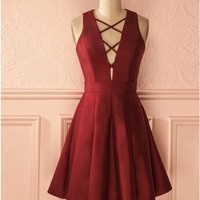 A-Line V-Neck Lace-Up Front Short Burgundy Satin Homecoming Dress - Thumbnail 1