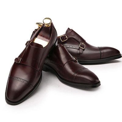 Handmade men's dark maroon double monk leather shoes for men's - Thumbnail 4